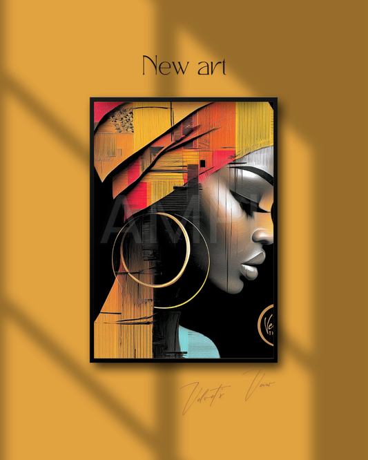 Abstract Silence: Golden Harmony in Profile – Afro-Minimalist Digital Art Print by Velvet’s View - 21158123