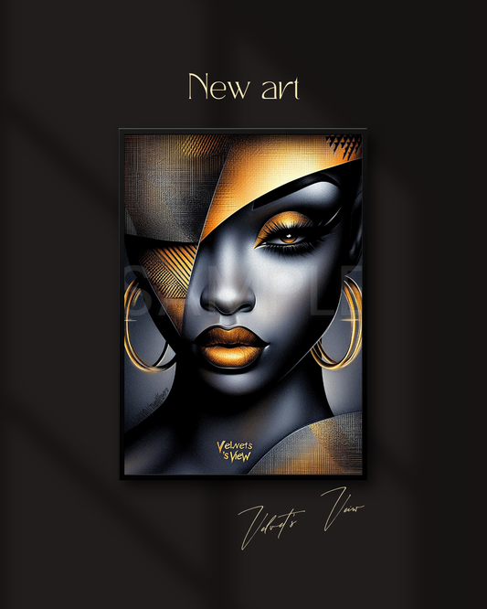 Abstract Silence: Golden Harmony in Profile – Afro-Minimalist Digital Art Print by Velvet’s View - 21154531(Copy)