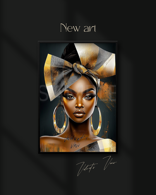 Abstract Silence: Golden Harmony in Profile – Afro-Minimalist Digital Art Print by Velvet’s View - 21154730
