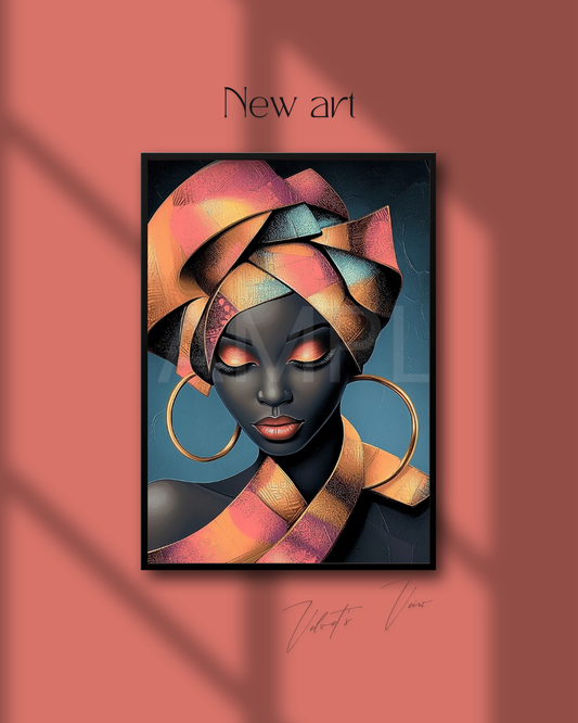 Abstract Silence: Golden Harmony in Profile – Afro-Minimalist Digital Art Print by Velvet’s View - 21154341