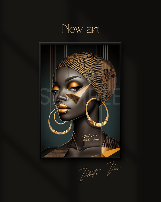 Abstract Silence: Golden Harmony in Profile – Afro-Minimalist Digital Art Print by Velvet’s View - 21154444