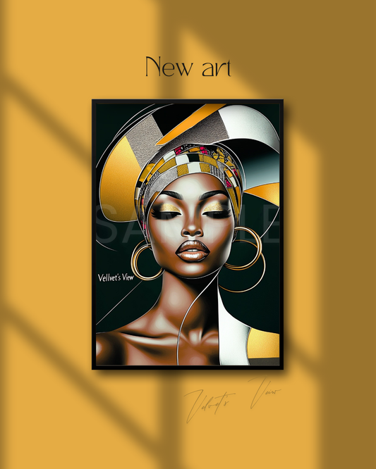 Abstract Silence: Golden Harmony in Profile – Afro-Minimalist Digital Art Print by Velvet’s View - 211544625