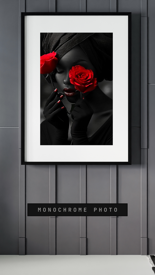 Black Girl Art – Female Digital Prints - Velvet's View – Crimson Mystique: A Monochromatic Romance