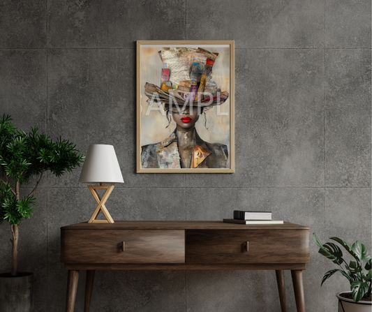 Paper Crown: Afrocentric Collage Portrait of a Black Woman in Textured Elegance – Digital Art Print - T154198