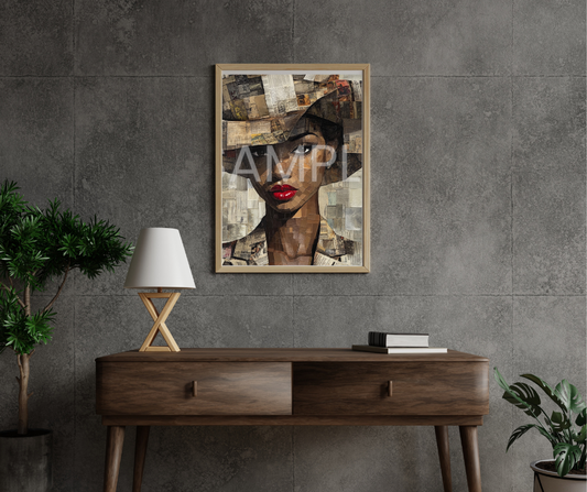 Paper Crown: Afrocentric Collage Portrait of a Black Woman in Textured Elegance – Digital Art Print - T154151
