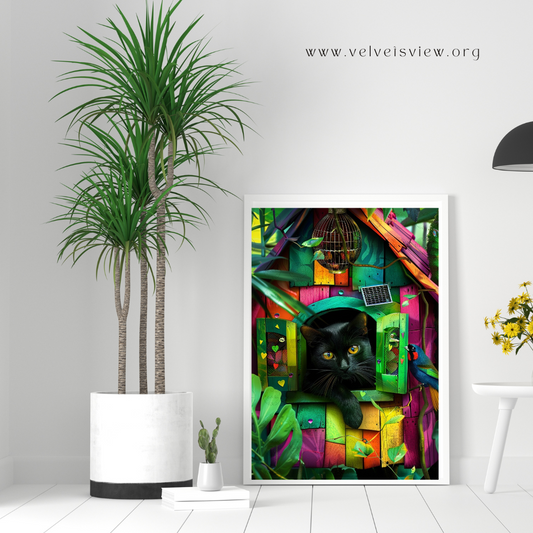 Black Girl Art - Velvet's View Digital Art - Whimsical Jungle Retreat: Enchanted Cat Abode