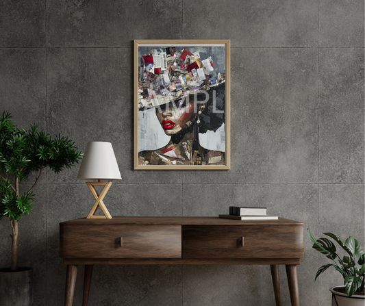Paper Crown: Afrocentric Collage Portrait of a Black Woman in Textured Elegance – Digital Art Print - T156574
