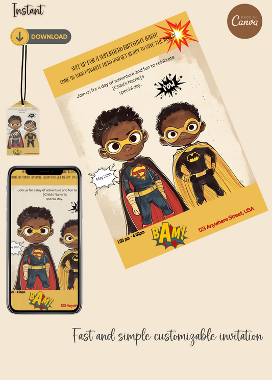 Printable Editable Invite Template | Music Birthday Party |Tiny Heroes: Customizable Super Birthday Invitation|Party Invitation #2012