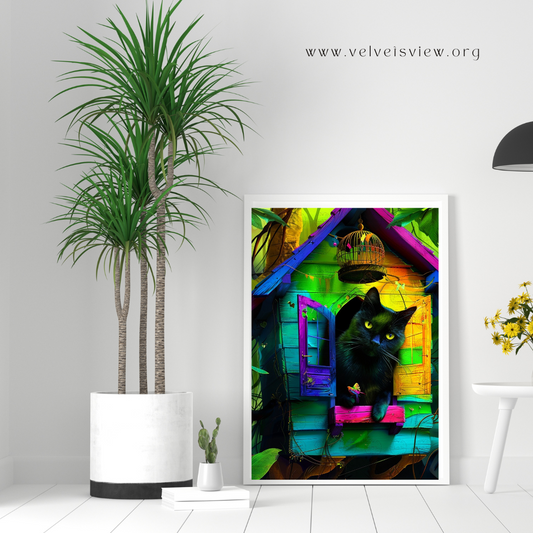 Black Girl Art - Velvet's View Digital Art - Whimsical Jungle Retreat: Enchanted Cat Abode