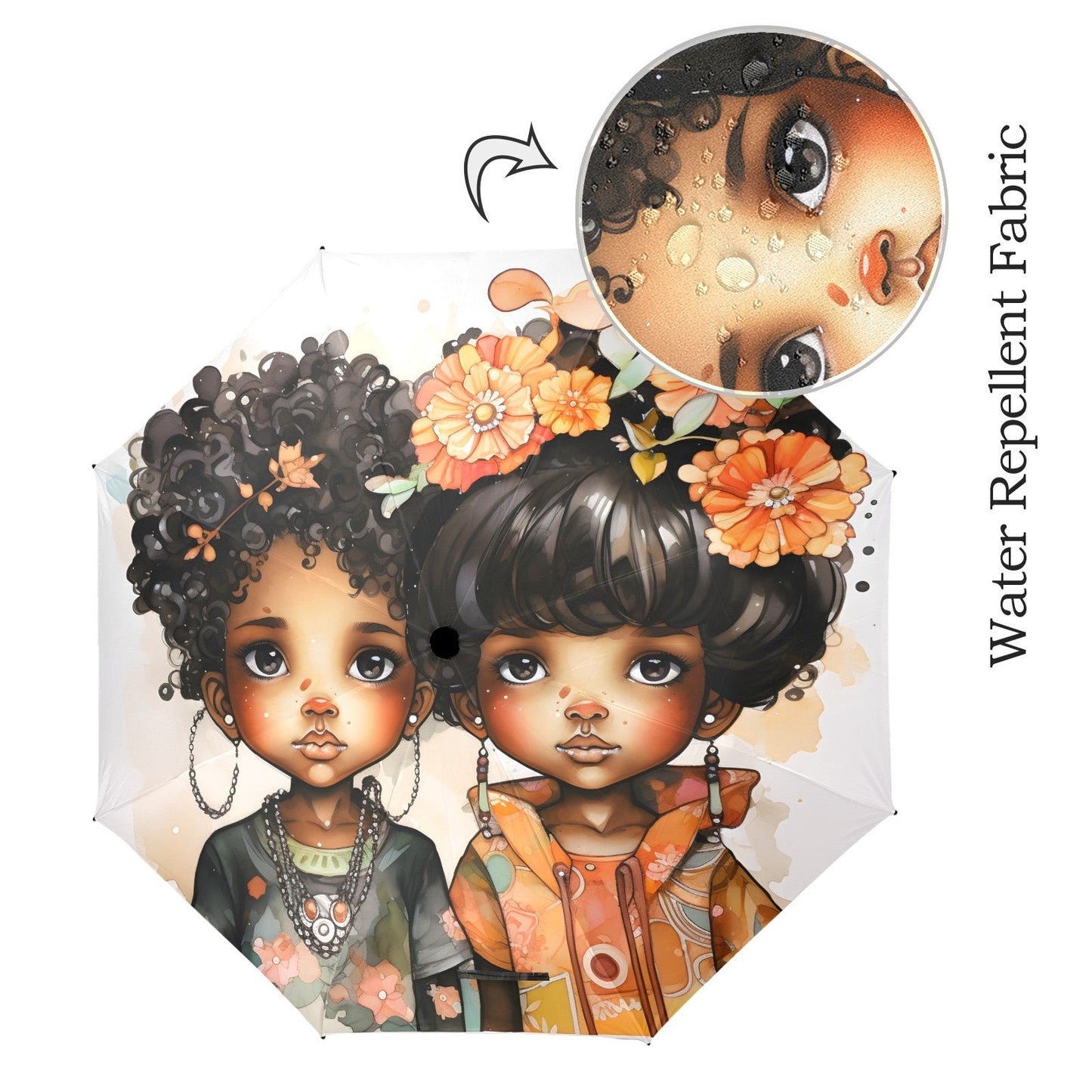 Semi-Automatic Foldable Umbrella - Black Girl Art - Velvet's View - Whimsical Kool Kids Collection - (Model U12)