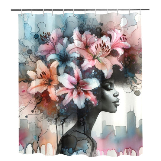 Urban Bloom Afro Shower Curtain – Black Woman Art with Cityscape & Floral Afro - 777994