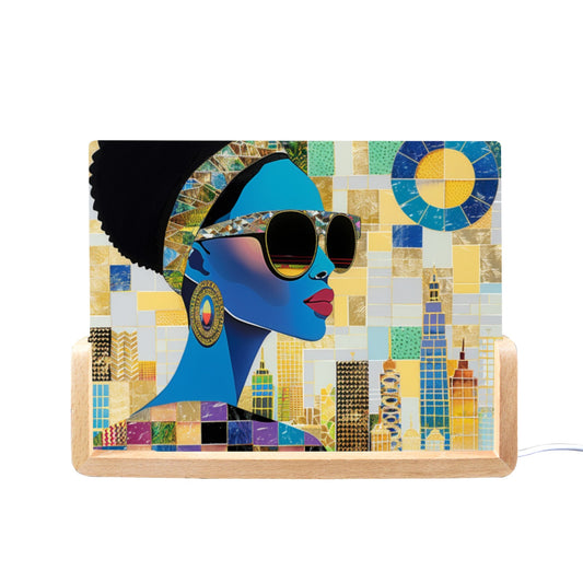 Acrylic Photo Night Light  - Black Girl Art - Velvet's View - Urban Elegance - Illuminated in Color Collection - 8"x6"(U-Shaped Beech Base)