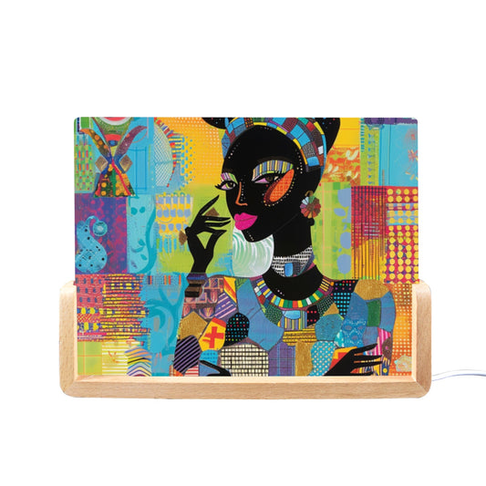 Acrylic Photo Night Light  - Black Girl Art - Velvet's View - Urban Elegance - Illuminated in Color Collection - 8"x6"(U-Shaped Beech Base)