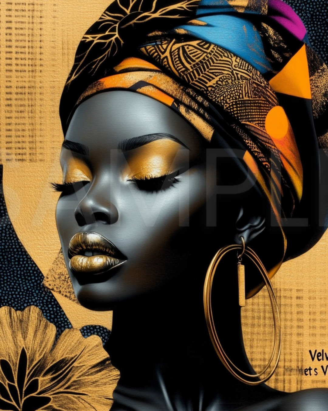 Abstract Silence: Golden Harmony in Profile – Afro-Minimalist Digital Art Print by Velvet’s View - 2115o9u