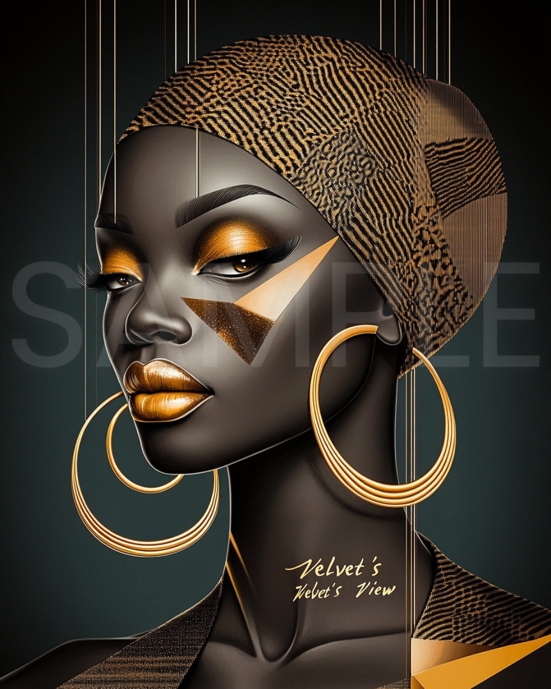 Abstract Silence: Golden Harmony in Profile – Afro-Minimalist Digital Art Print by Velvet’s View - 21154444