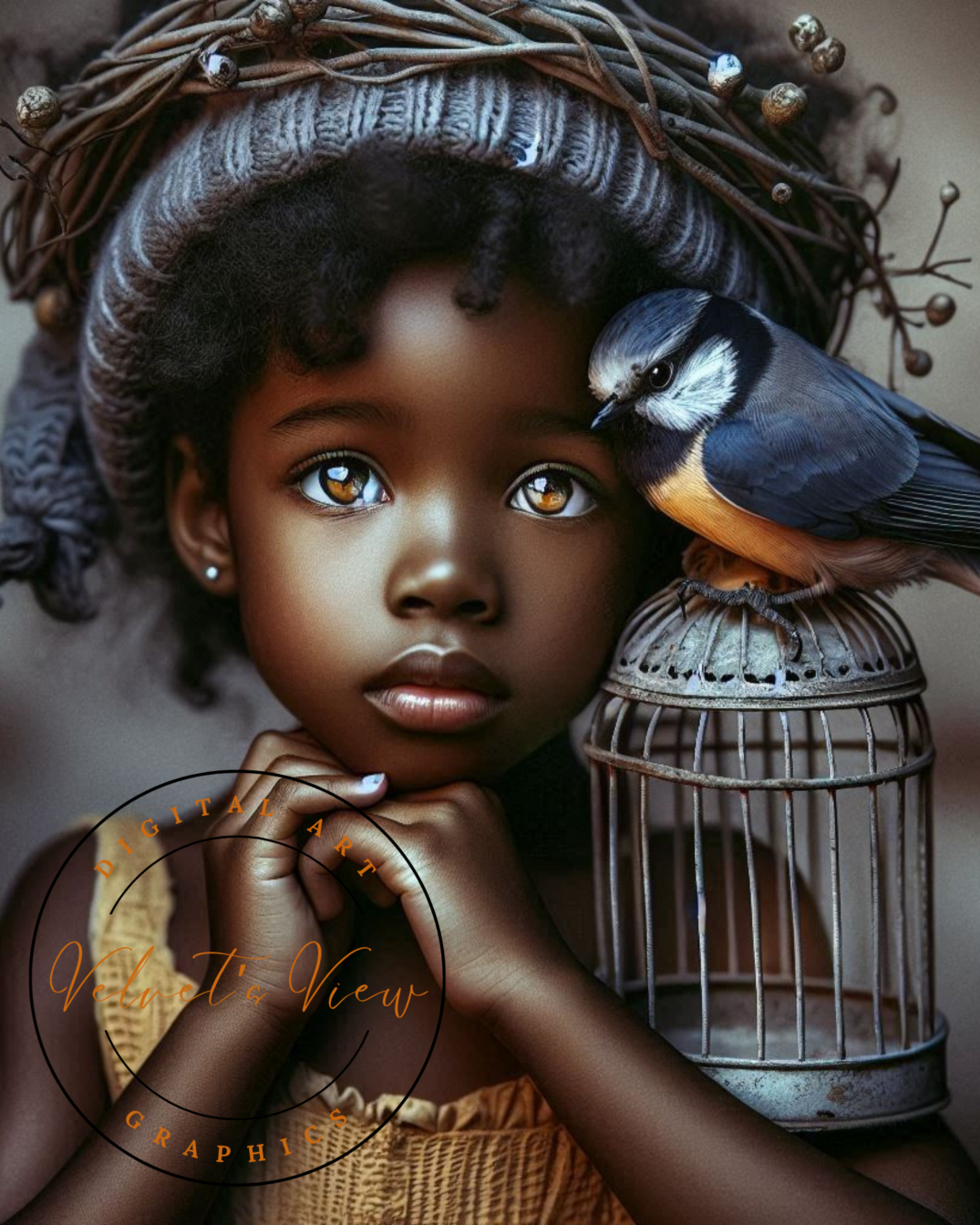 Black Girl Art - Kid's Digital Art - Velvet's View - A Little Girl and Her Bird 528
