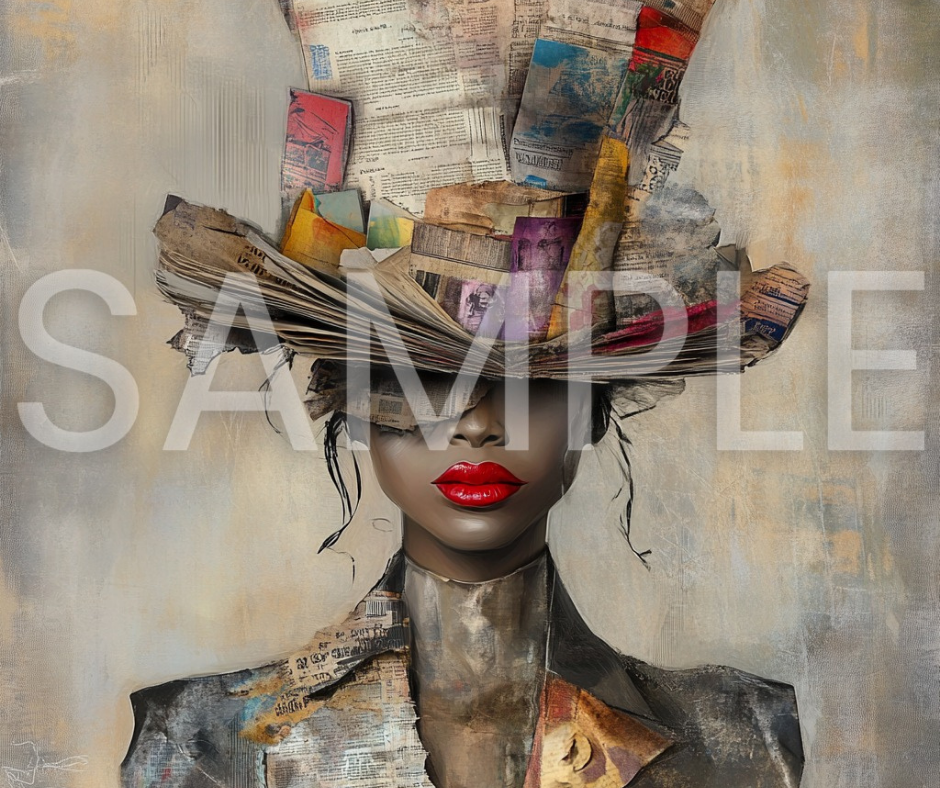 Paper Crown: Afrocentric Collage Portrait of a Black Woman in Textured Elegance – Digital Art Print - T154198