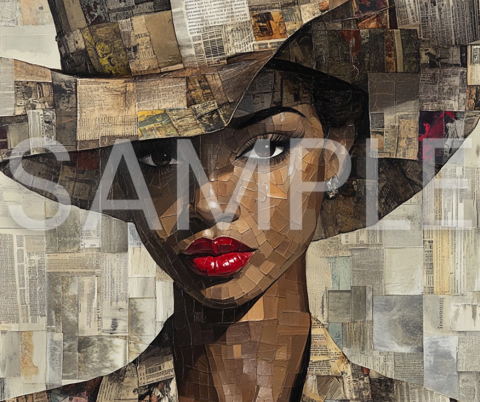 Paper Crown: Afrocentric Collage Portrait of a Black Woman in Textured Elegance – Digital Art Print - T154151