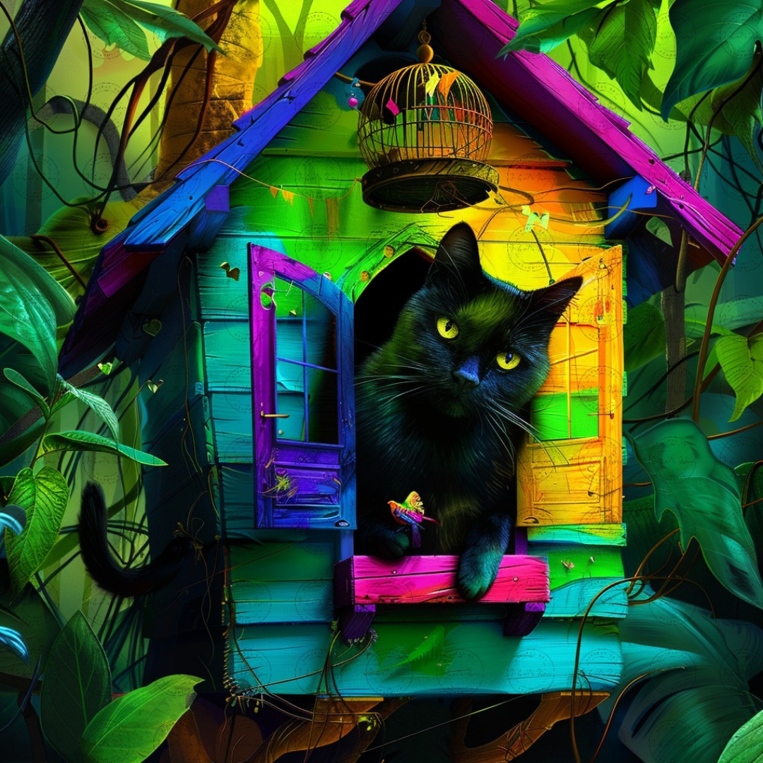 Black Girl Art - Velvet's View Digital Art - Whimsical Jungle Retreat: Enchanted Cat Abode