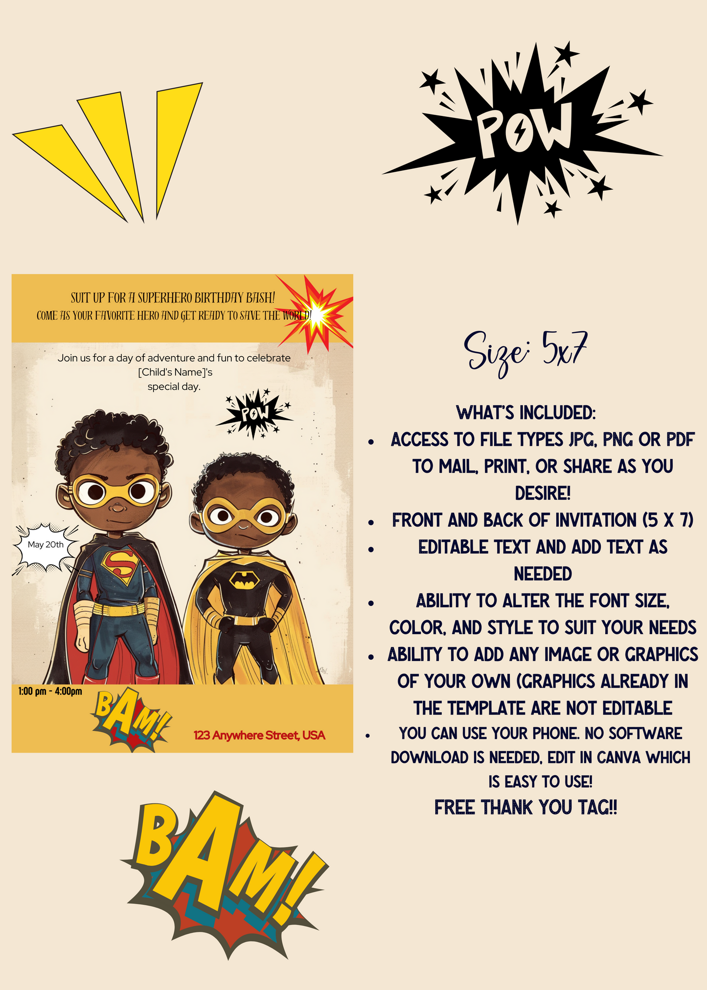 Printable Editable Invite Template | Music Birthday Party |Tiny Heroes: Customizable Super Birthday Invitation|Party Invitation #2012