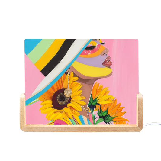 Acrylic Photo Night Light - Velvet's View - Sunflower Dreams - A Vibrant Digital Art Collection - 8"x6"(U-Shaped Beech Base)