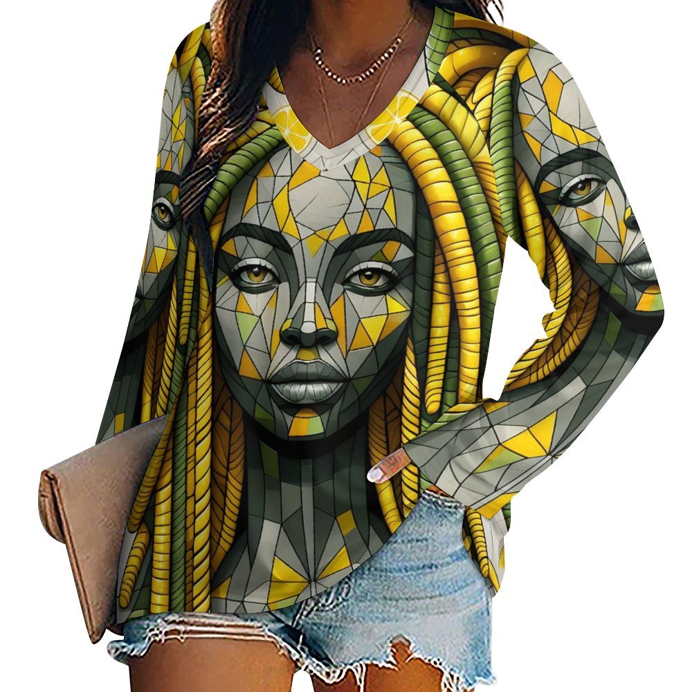 Lemon Elegance: The Mosaic Muse Collection - Long sleeve loose Tee - #2012