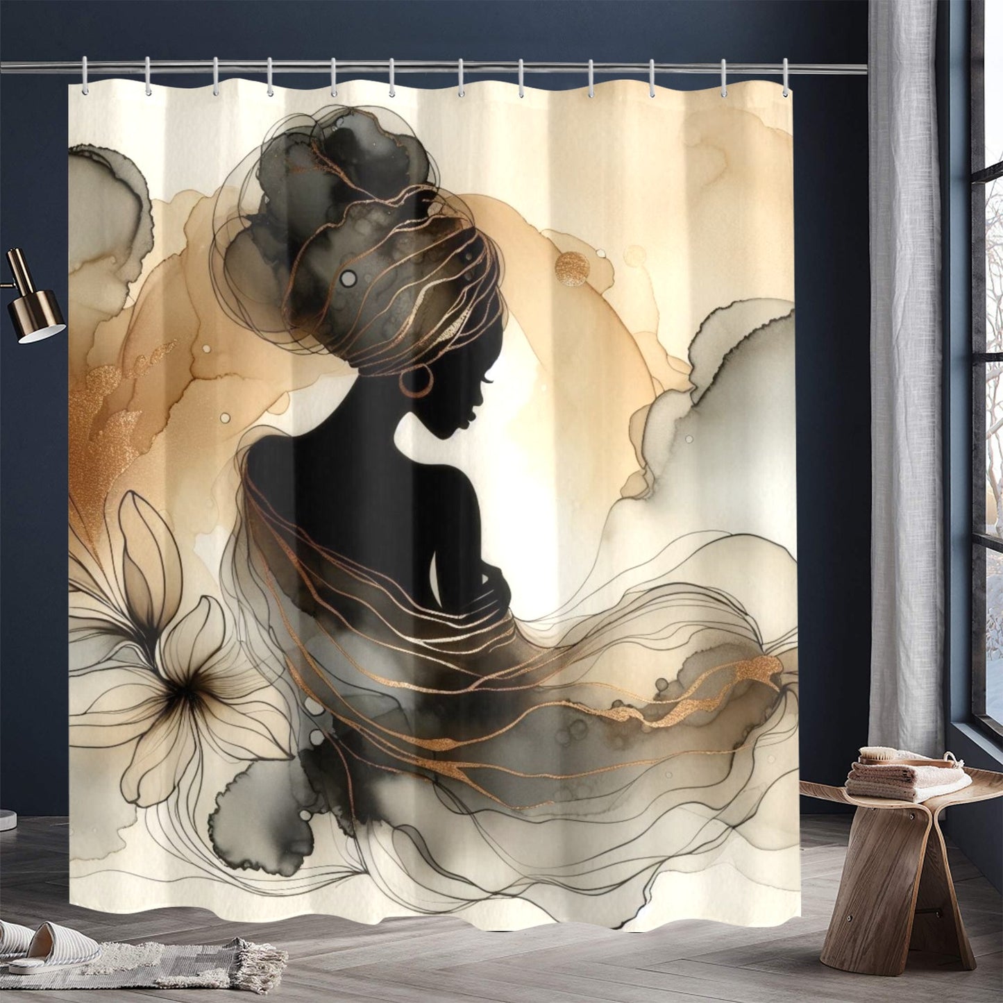 Golden Grace: Afro Silhouette Shower Curtain Collection – Luxury Black Woman Art for Modern Bathrooms - 8651604