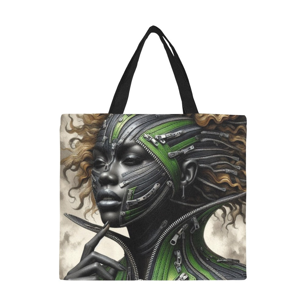 All Over Print Canvas Tote Bag/Large - Velvet's View - Mechanical Muse - The Fusion of Fashion and Futurism - (Model 1699)