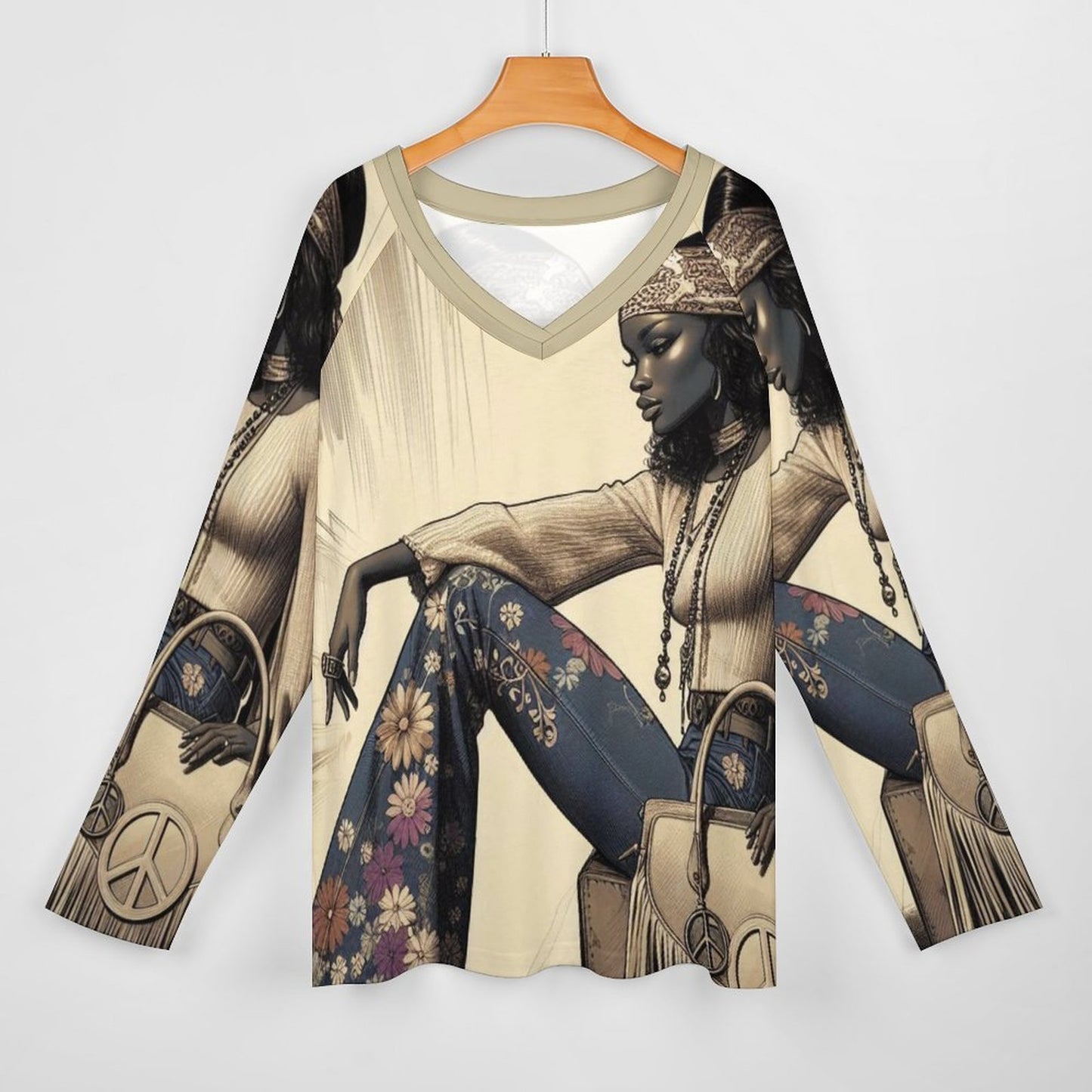 Retro Groove: Vintage Vibes and Bohemian Dreams - V-neck Loose Long Sleeve T-shirt TLREV2 (All-Over Printing)