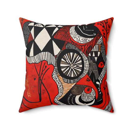 Spun Polyester Square Pillow - Black Girl Art - Velvet's View - Tribal Harmony - Red and Black Tribal Patterns –