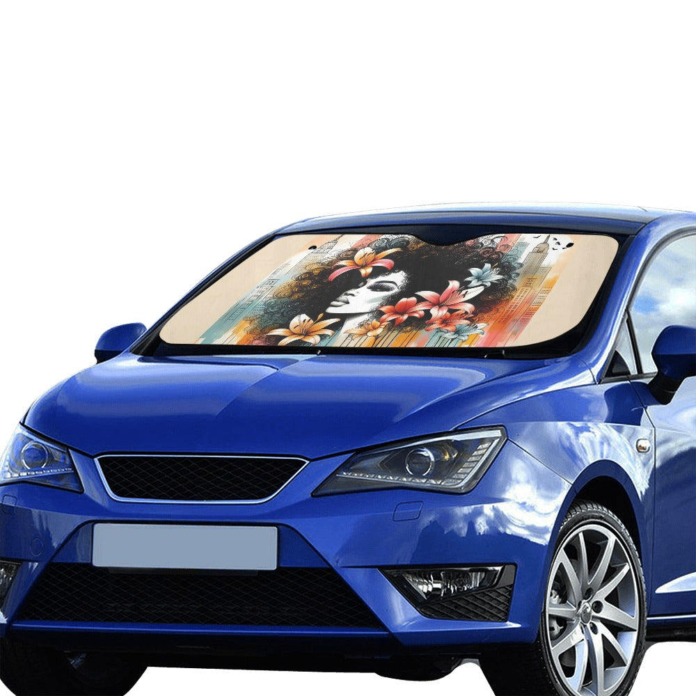 Urban Blossoms: Vibrant Cityscapes and Floral Dreams – Collection - Car Sunshade 55"x30" - #2011