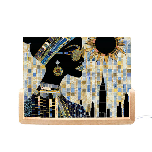 Acrylic Photo Night Light  - Black Girl Art - Velvet's View - Urban Elegance - Illuminated in Color Collection - 8"x6"(U-Shaped Beech Base)