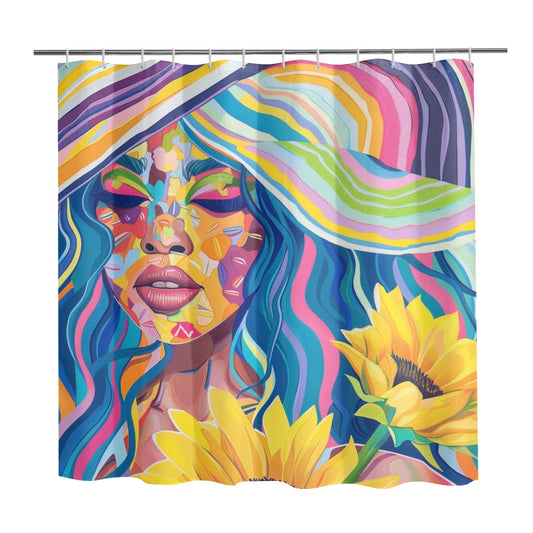 Shower Curtain 72" x 72" - Black Girl Art - Velvet's View - Sunflower Dreams - A Vibrant Digital Art Collection 6013