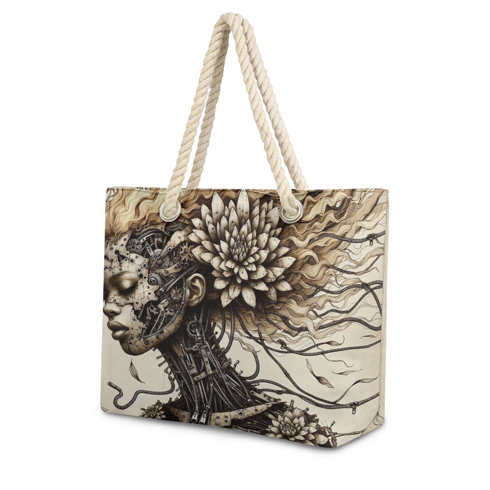 Hemp Rope Tote Bag - Velvet's View - Mechanical Muse - The Fusion of Fashion and Futurism