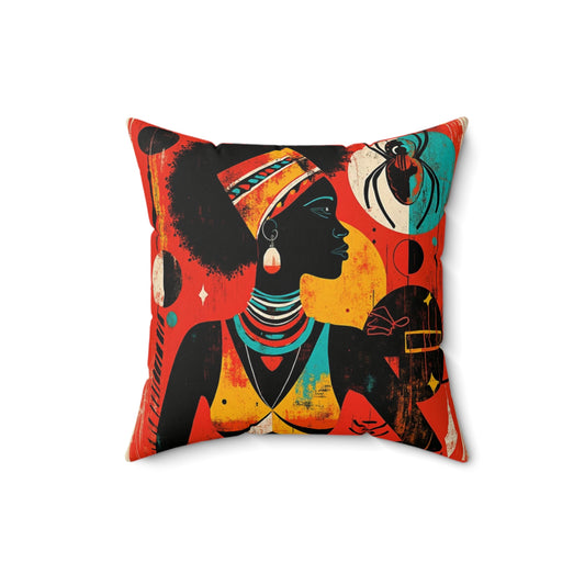 Spun Polyester Square Pillow - Black Girl Art - Velvet's View - Tribal Harmony - Red and Black Tribal Patterns –