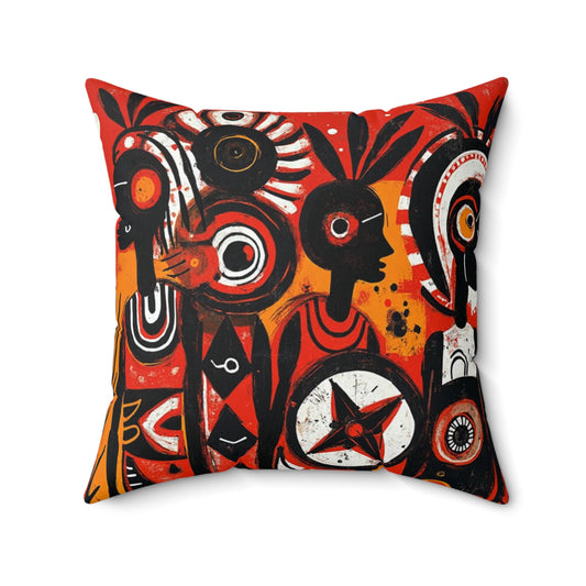 Spun Polyester Square Pillow - Black Girl Art - Velvet's View - Tribal Harmony - Red and Black Tribal Patterns –