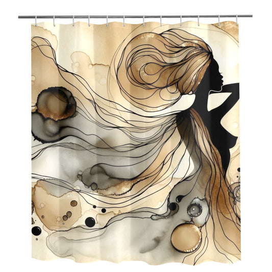 Golden Grace: Afro Silhouette Shower Curtain Collection – Luxury Black Woman Art for Modern Bathrooms - 56429211