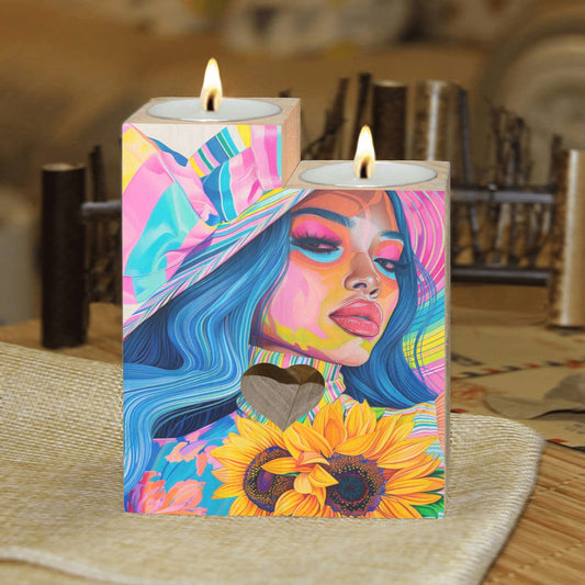 Wooden Candle Holder - Velvet's View - Sunflower Dreams - A Vibrant Digital Art Collection - (Without Candle)