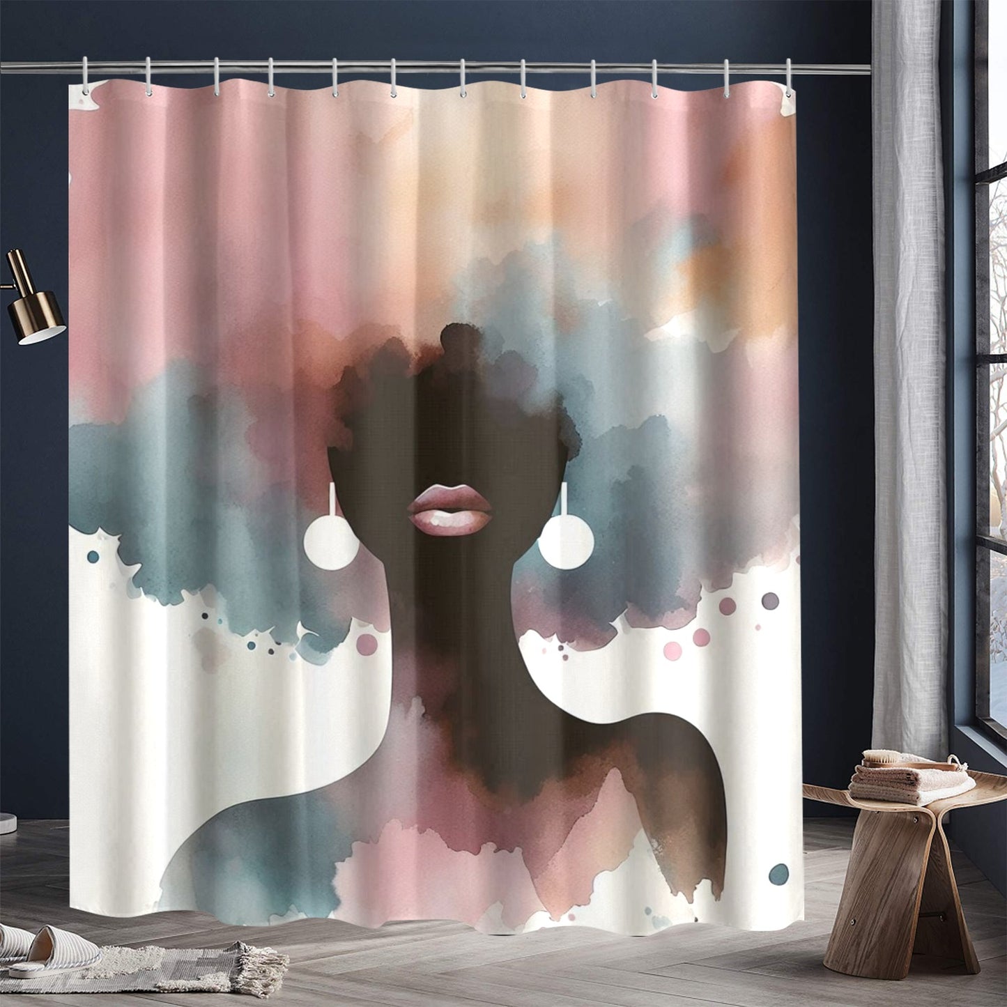 Afro Watercolor Shower Curtain Collection – Black Woman Silhouette Art for Bathroom Décor - 0734296