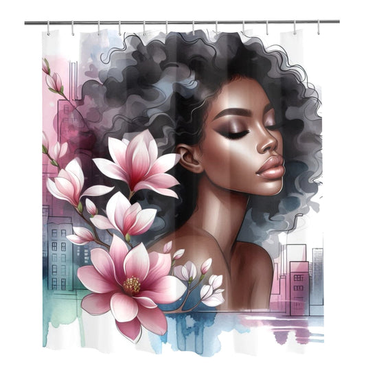 Urban Bloom Afro Shower Curtain – Black Woman Art with Cityscape & Floral Afro - 891686847
