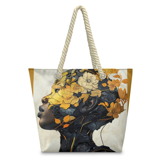 Blossom of the Machine: A Harmonious Fusion of Nature and Technology - Hemp Rope Tote Bag - #2011