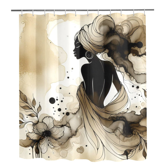 Golden Grace: Afro Silhouette Shower Curtain Collection – Luxury Black Woman Art for Modern Bathrooms - 3553247