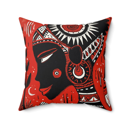 Spun Polyester Square Pillow - Black Girl Art - Velvet's View - Tribal Harmony - Red and Black Tribal Patterns –