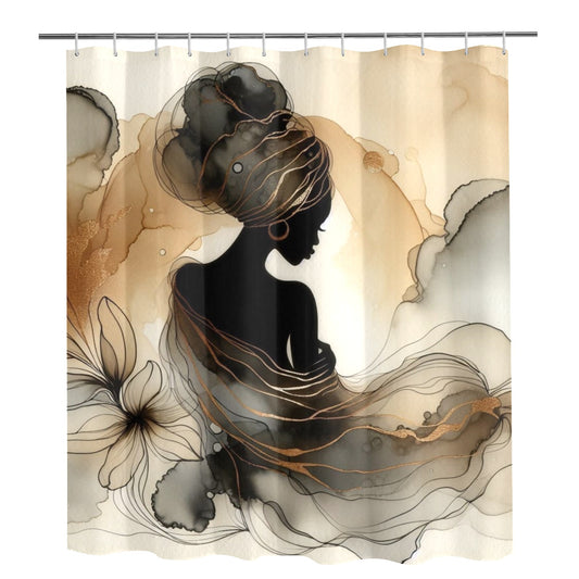 Golden Grace: Afro Silhouette Shower Curtain Collection – Luxury Black Woman Art for Modern Bathrooms - 8651604
