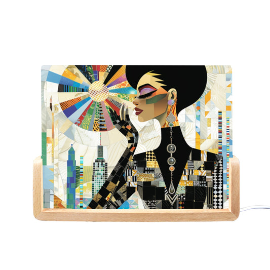 Acrylic Photo Night Light  - Black Girl Art - Velvet's View - Urban Elegance - Illuminated in Color Collection - 8"x6"(U-Shaped Beech Base)