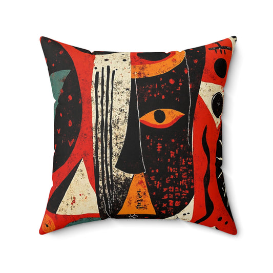 Spun Polyester Square Pillow - Black Girl Art - Velvet's View - Tribal Harmony - Red and Black Tribal Patterns –