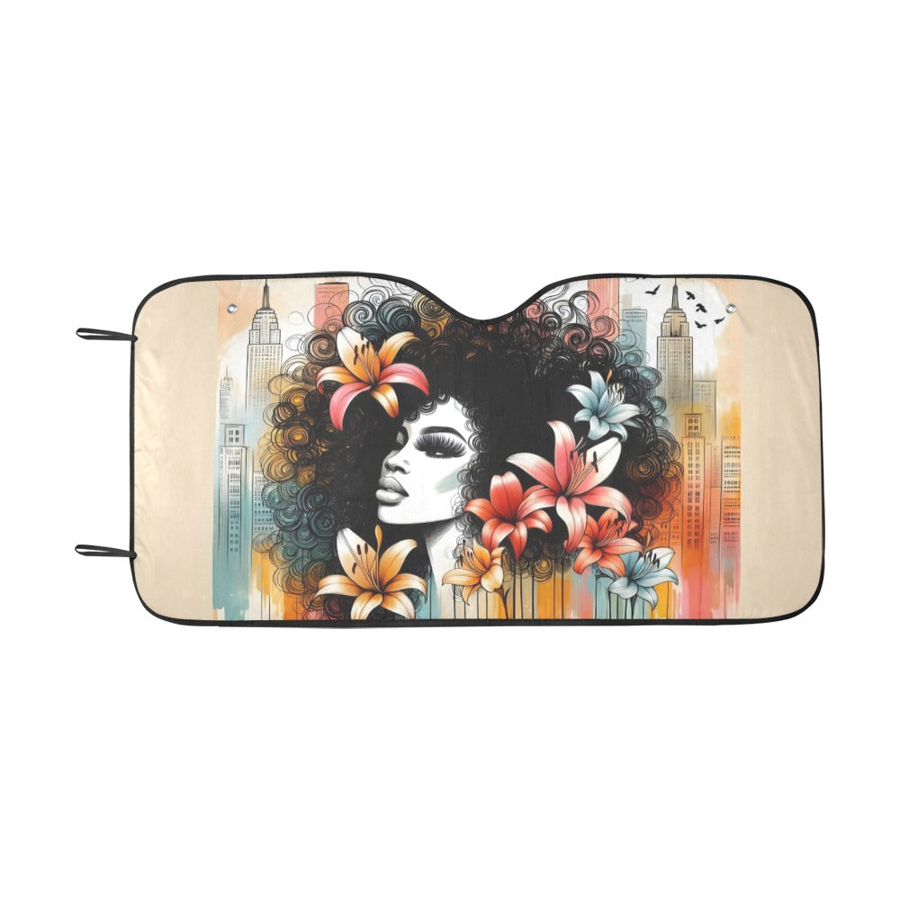 Urban Blossoms: Vibrant Cityscapes and Floral Dreams – Collection - Car Sunshade 55"x30" - #2011