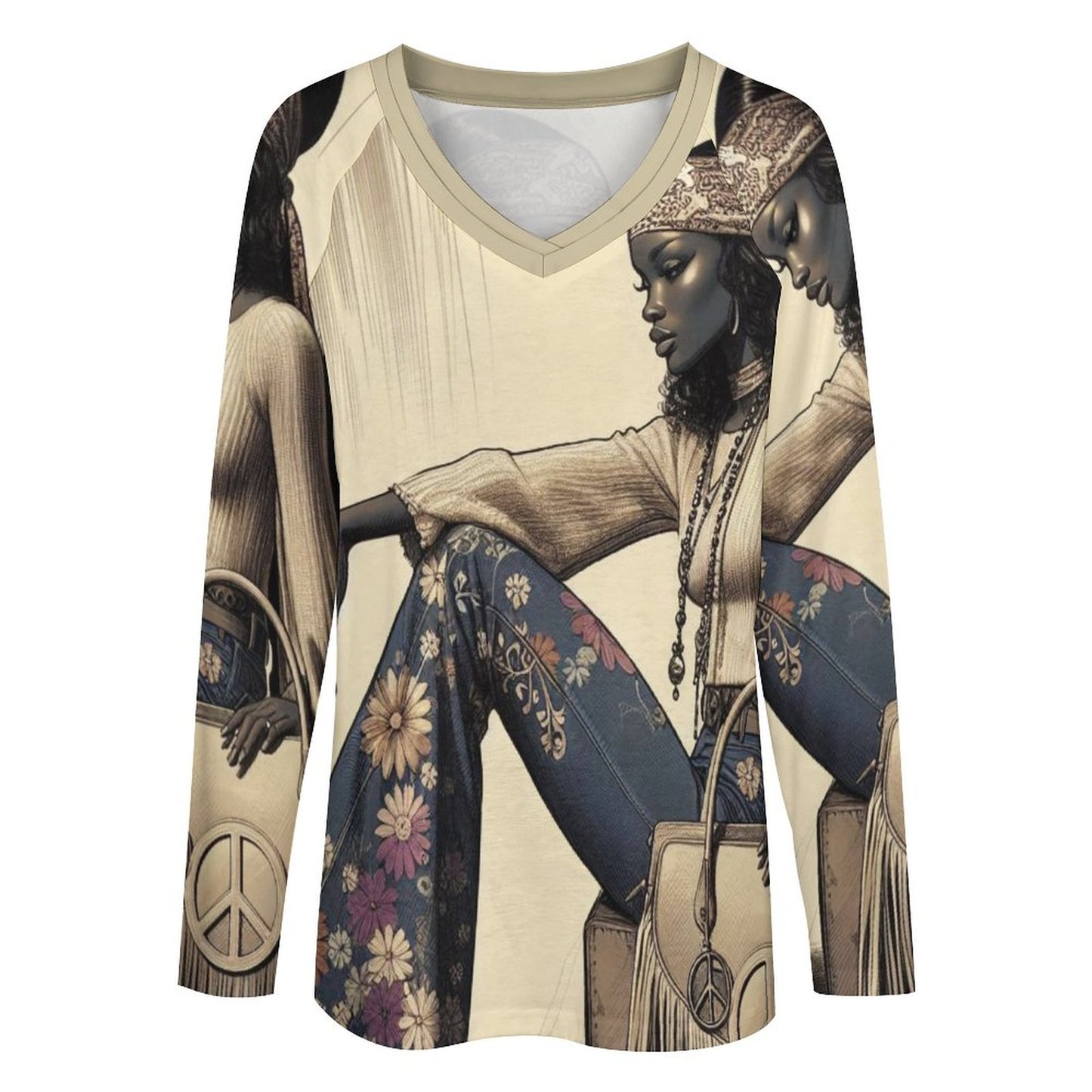 Retro Groove: Vintage Vibes and Bohemian Dreams - V-neck Loose Long Sleeve T-shirt TLREV2 (All-Over Printing)