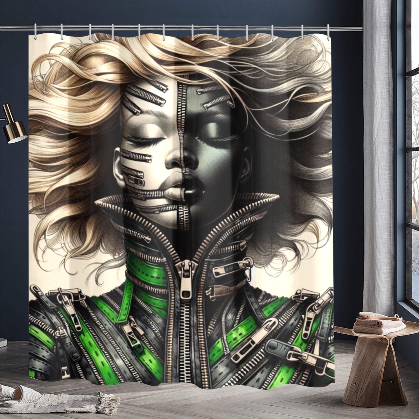 Shower Curtain  - Velvet's View - Mechanical Muse - The Fusion of Fashion and Futurism - 72"x84" 1610