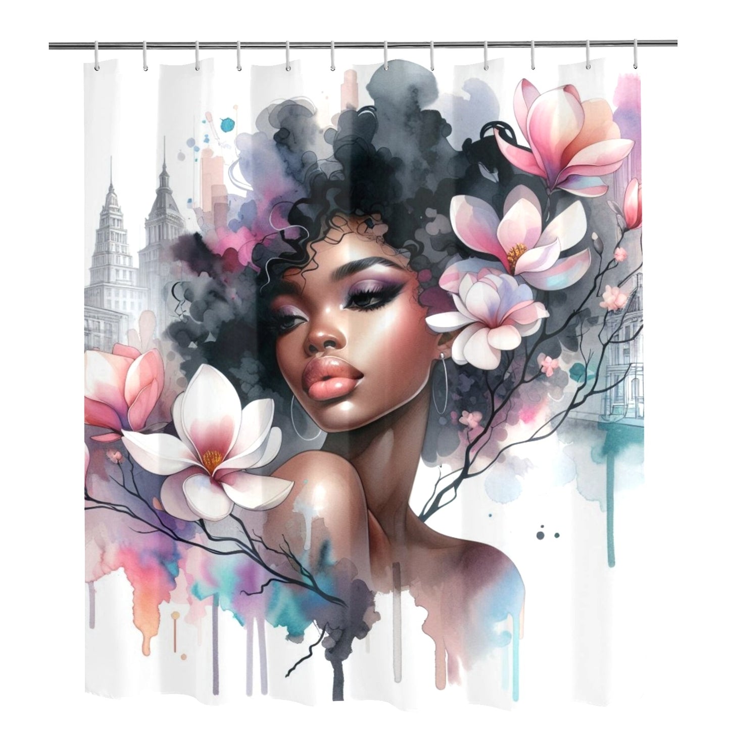 Urban Bloom Afro Shower Curtain – Black Woman Art with Cityscape & Floral Afro - 83730187